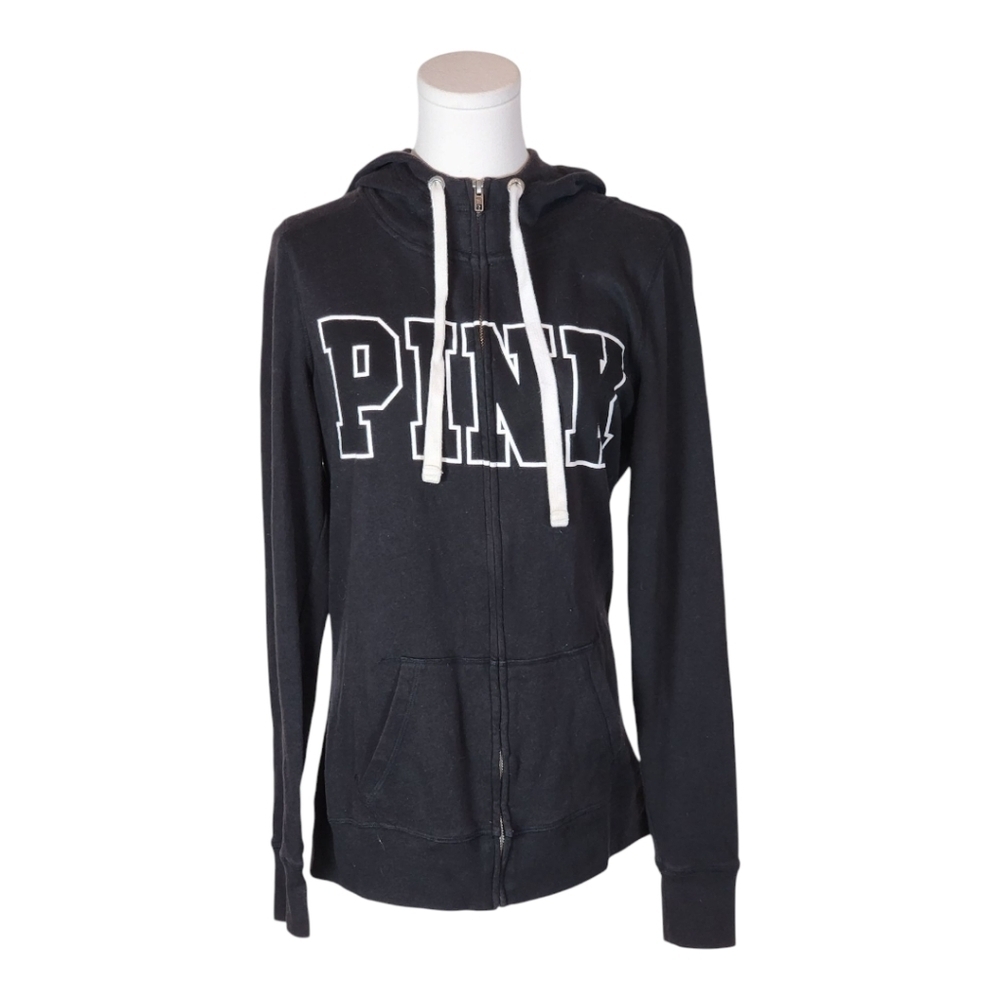 PINK Victoria’s Secret Black Zip Hoodie Sweatshirt XS Logo Pullover Comfy